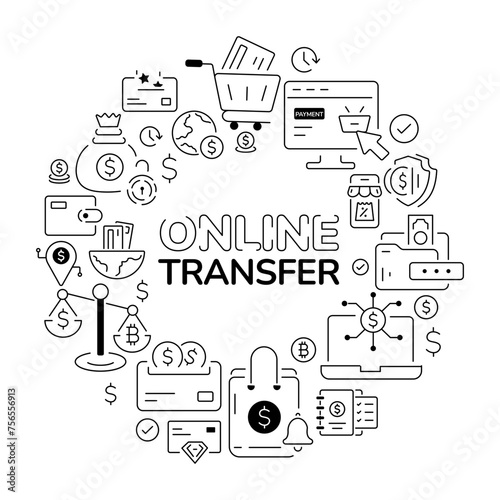 Linear vector encompassing elements depicting online transfer and economy solutions 