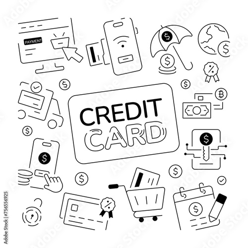 A linear vector showcasing numerous components of online transaction and credit card payments 