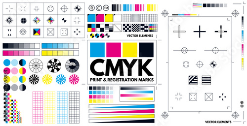 A complete set of print marks and registration marks in CMYK for adding to a project. Vector illustration. © James Thew