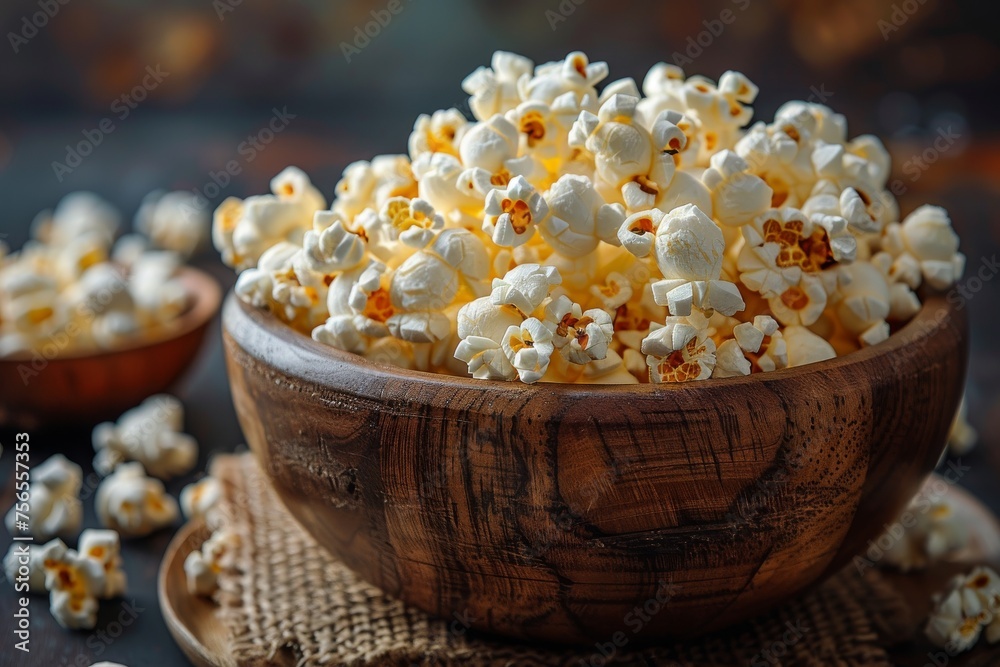 An intimately close look at a wooden bowl overflowing with fresh popcorn, emphasizing abundance and texture An intimately close look at a wooden bowl overflowing with fresh popcorn, emphasizing abundance and texture
