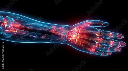 Human hand bones in x-ray view with glowing joints