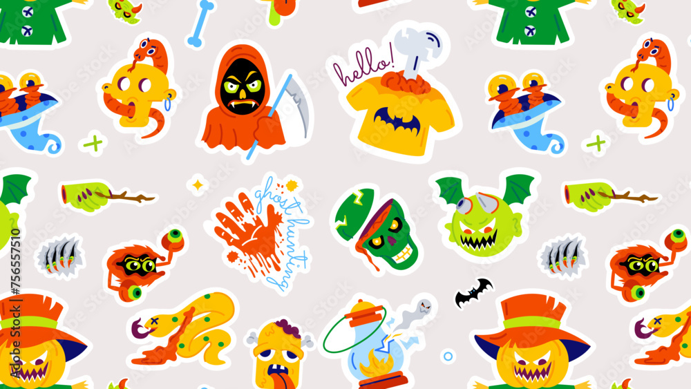 Flat seamless scary pattern depicting various spooky elements of halloween theme 