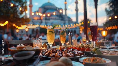 there are many plates of food and drinks on the table. Seamless Looping 4k Video Animation