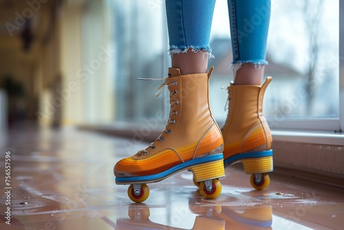 A close-up of trendy, colorful roller skates worn indoors with a reflective wooden floor