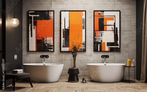 The three paintings on the wall are abstract and colorful  creating a lively and energetic atmosphere in the bathroom