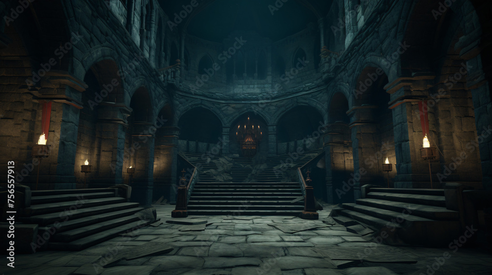 A dark, eerie castle interior with stone architecture and dim lighting - obrazy, fototapety, plakaty 
