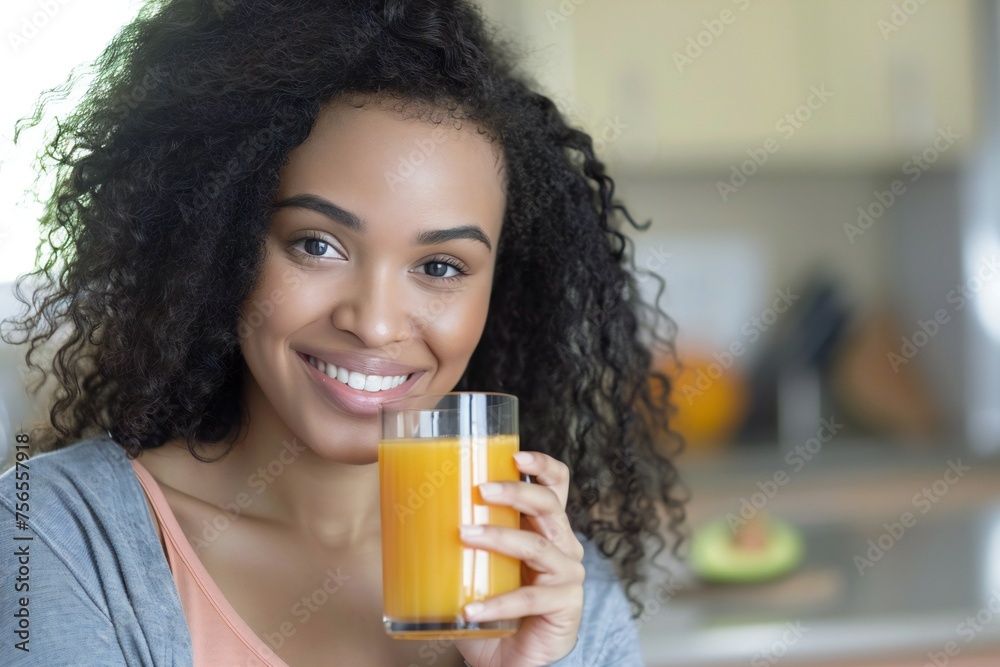 Healthy Nutrition. Cheerful African American Woman Drinking Fresh Orange Juice Holding Glass And Smiling To Camera Sitting At Dining Table In Modern Kitchen At Home. Weight Loss Diet Concept Healthy Nutrition. Cheerful African American Woman Drinking Fresh Orange Juice Holding Glass And Smiling To Camera Sitting At Dining Table In Modern Kitchen At Home. Weight Loss Diet Concept