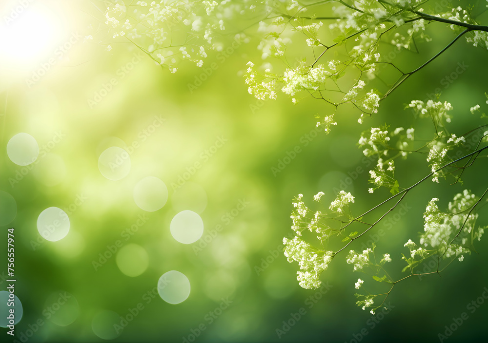 Close up spring nature view of green brunches on blurred garden background with copy space. Natural background Generative Ai	
