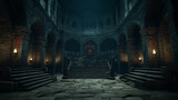 A dark, eerie castle interior with stone architecture and dim lighting