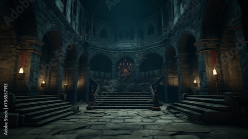 A dark, eerie castle interior with stone architecture and dim lighting photo