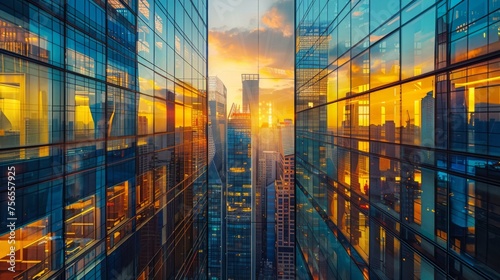 Sunset reflecting in the glass facade of skyscrapers