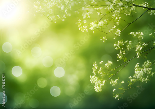 Close up spring nature view of green brunches on blurred garden background with copy space. Natural background Generative Ai   © Vladislav