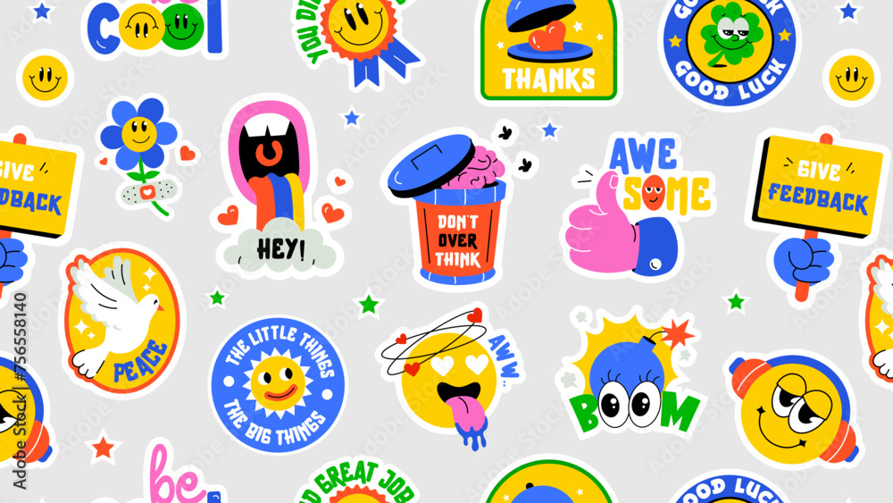 A retro pattern designed with cute cartoon shapes, positivity symbols, and quote patches