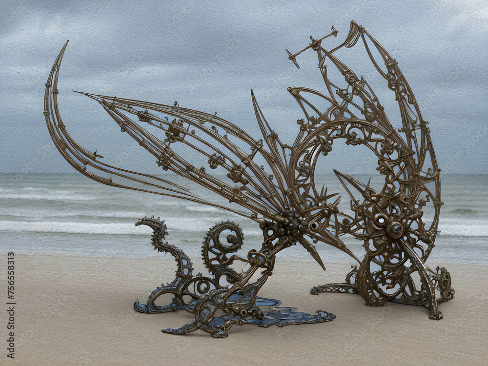 Kinetic sculpture propelled by wind on beach, Oil Painting