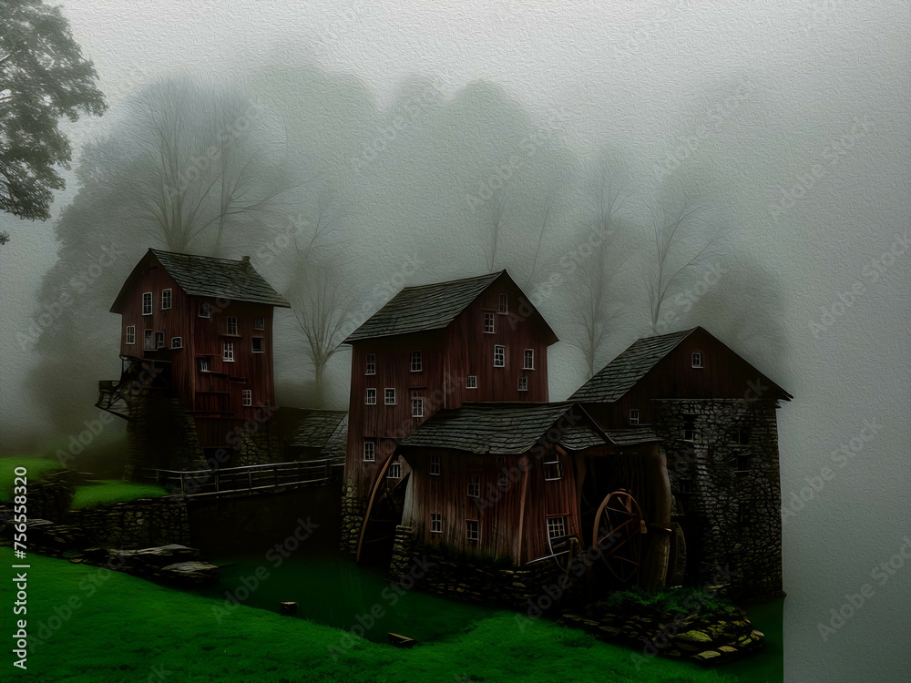 Water Mill in Foggy Day, Oil Painting