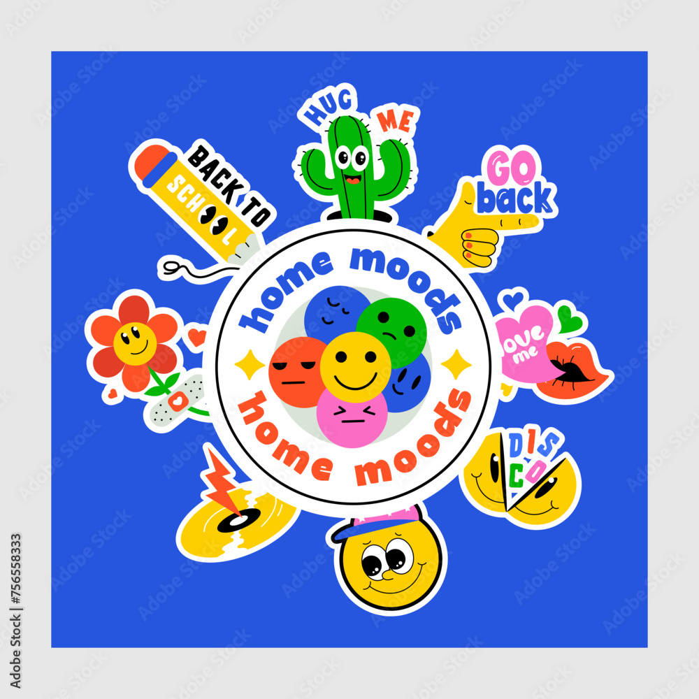Fototapeta premium Home mood vector showcasing a variety of daily vibes, fun feelings, and comic expressions 