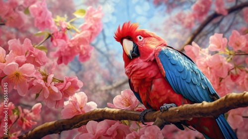 Beautiful colorful parrot sitting on a tree branch with pink flowers photo