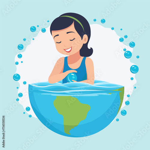 World Water Day. A girl swims in water on planet Earth. Vector illustration.