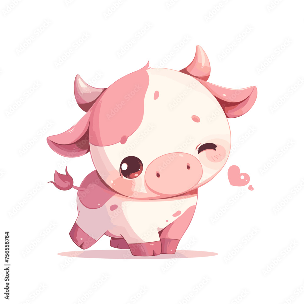 Fototapeta premium Funny Vector Illustration with cute pink cow. Abstract Print with Cow on a Pastel Pink Background.Sweet kawaii Art with Dairy Cow in love Smiling. Cool Milk.
