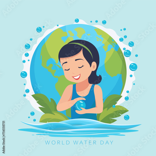World Water Day. Girl in the water against the background of the Earth. Vector illustration.