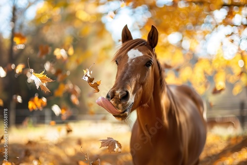 Autumn's Equine Grace: Horse Amongst Falling Leaves