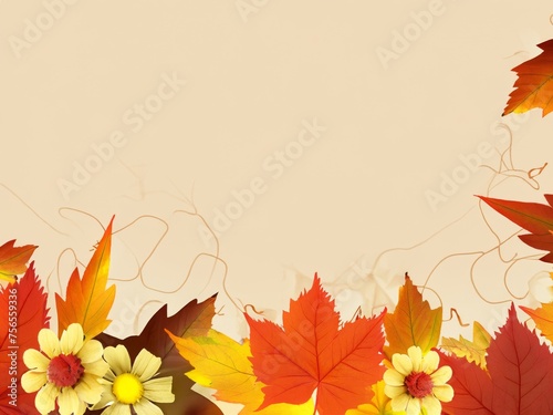 autumn background with leaves and little flowers
