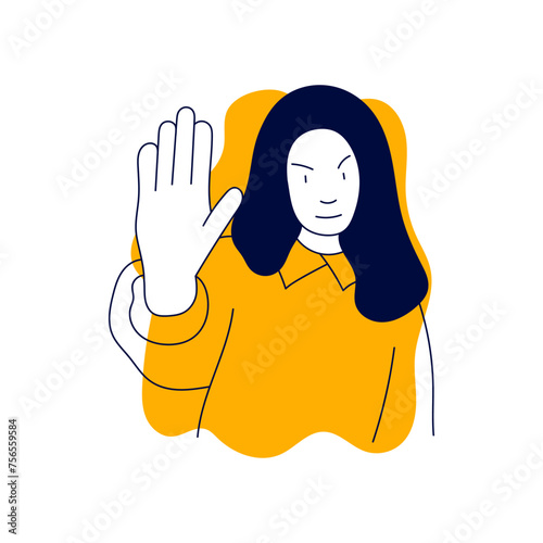 Very confident young woman in casual show of palms, stop sign. Vector hand drawn illustration in flat style.