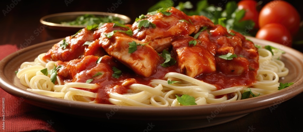 A dish of spaghetti with chicken and sauce, made with fresh ingredients on a table. This Italian cuisine recipe combines meat, produce, and vegetables A dish of spaghetti with chicken and sauce, made with fresh ingredients on a table. This Italian cuisine recipe combines meat, produce, and vegetables