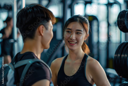 Happy young asian athletic people in sportswear talking to each other in gym