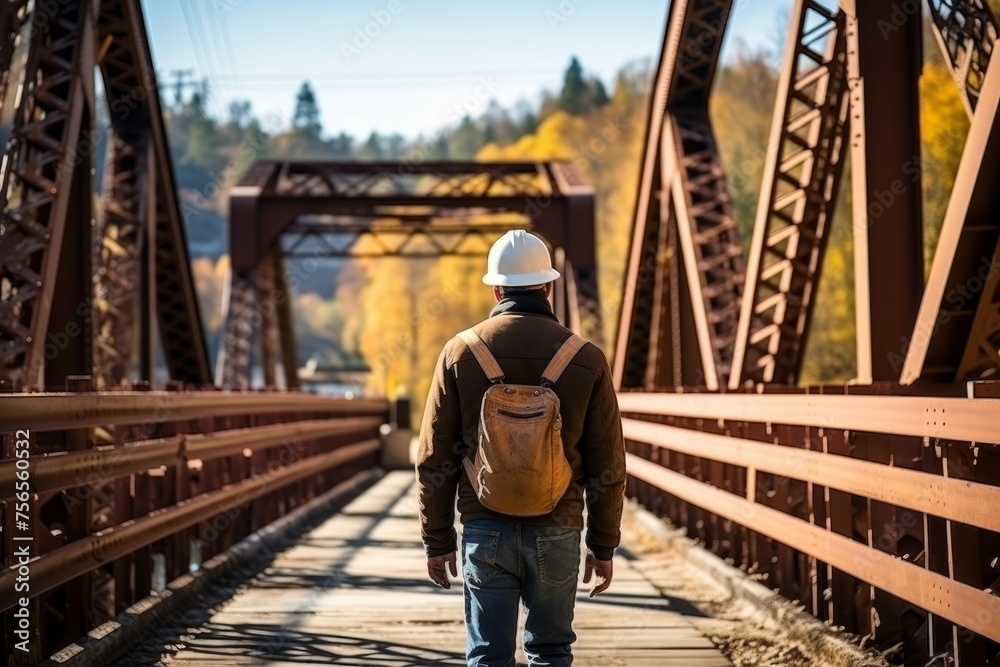 Retired engineer with a backpack walks across the iron bridge that he was building Retired engineer with a backpack walks across the iron bridge that he was building