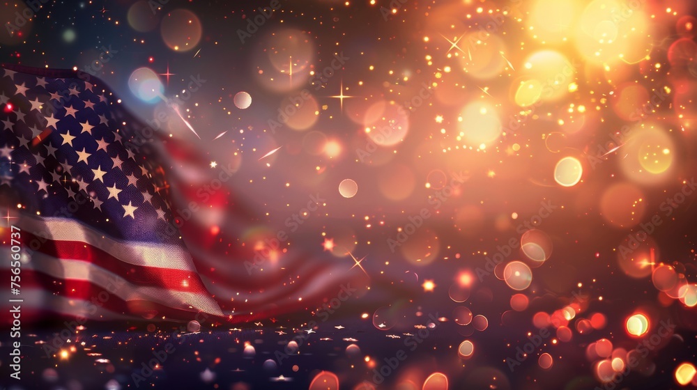 USA flag on defocused light bokeh background. Template for celebrating United States of America national holidays - 4th of July, Memorial day, Veteran's day and other. - obrazy, fototapety, plakaty 