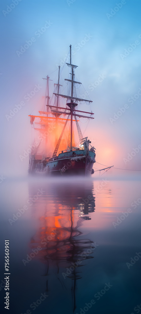 Obraz premium A haunted ship appears behind the fog, ai generative