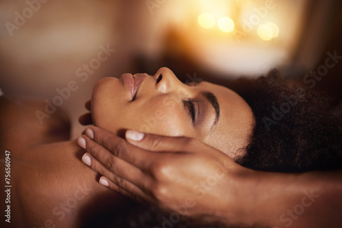 Woman, relax and wellness in spa for massage, care and cosmetic treatment for break or peace. African person and natural for holistic therapy with hand on face for skincare, clean and hygiene