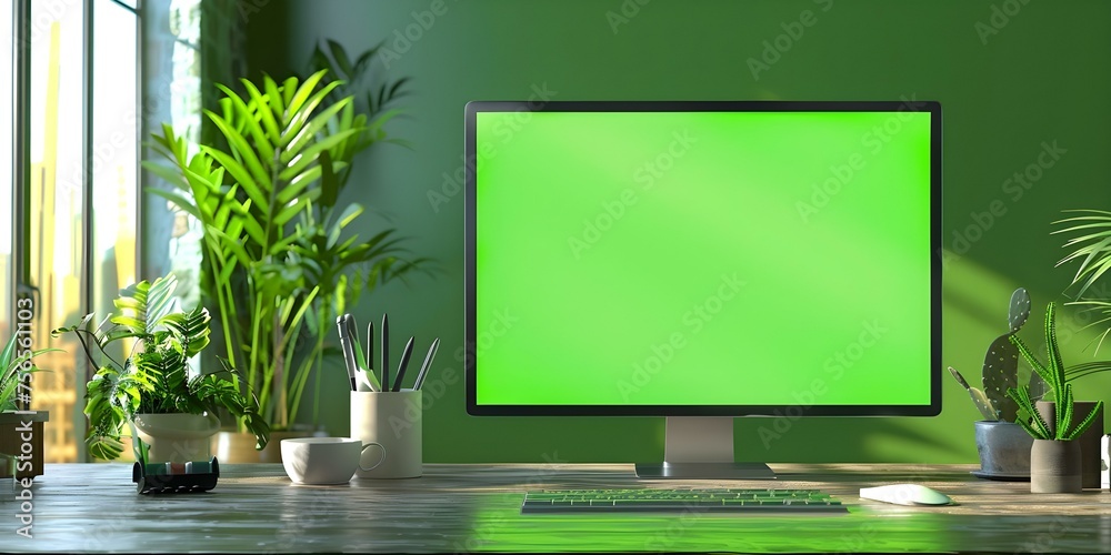 Modern office desk setup featuring computer with green screen monitor . Concept Office Setup, Green Screen Tech, Modern Design, Computer Desk, Workspace Arrangement Modern office desk setup featuring computer with green screen monitor . Concept Office Setup, Green Screen Tech, Modern Design, Computer Desk, Workspace Arrangement