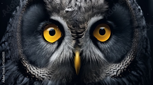 closeup round yellow eyes of great gray owl looking away at dark night