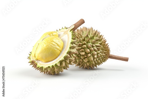 Durian fruit on a white background. a tropical, fragrant fruit with a flesh similar to custard.