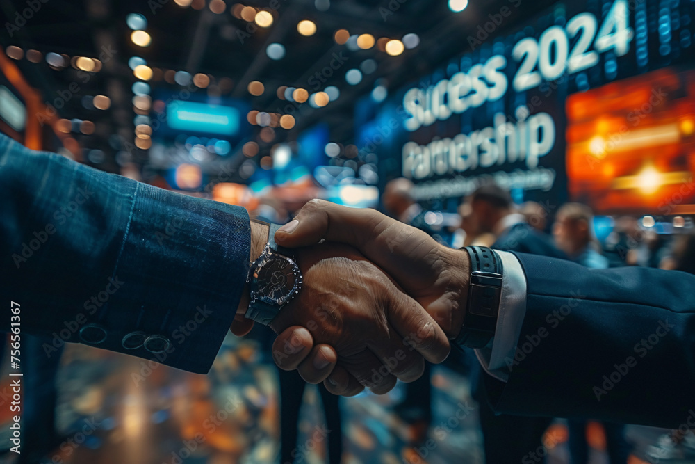 A photo capturing a symbolic handshake between two business leaders in front of a "2024 Success Partnership" digital display at a tech expo, representing strategic alliances. Created Using: medium sho - obrazy, fototapety, plakaty 