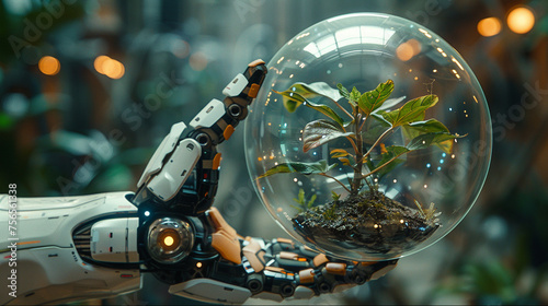 Futuristic silver robot holding green plant. Transparent bubble with sprout plant inside in robot's hand.  photo