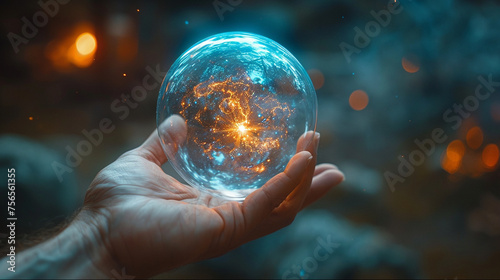 Man's hand holding bubble with magic inside. Fantasy blue-orange sphere in hand. photo