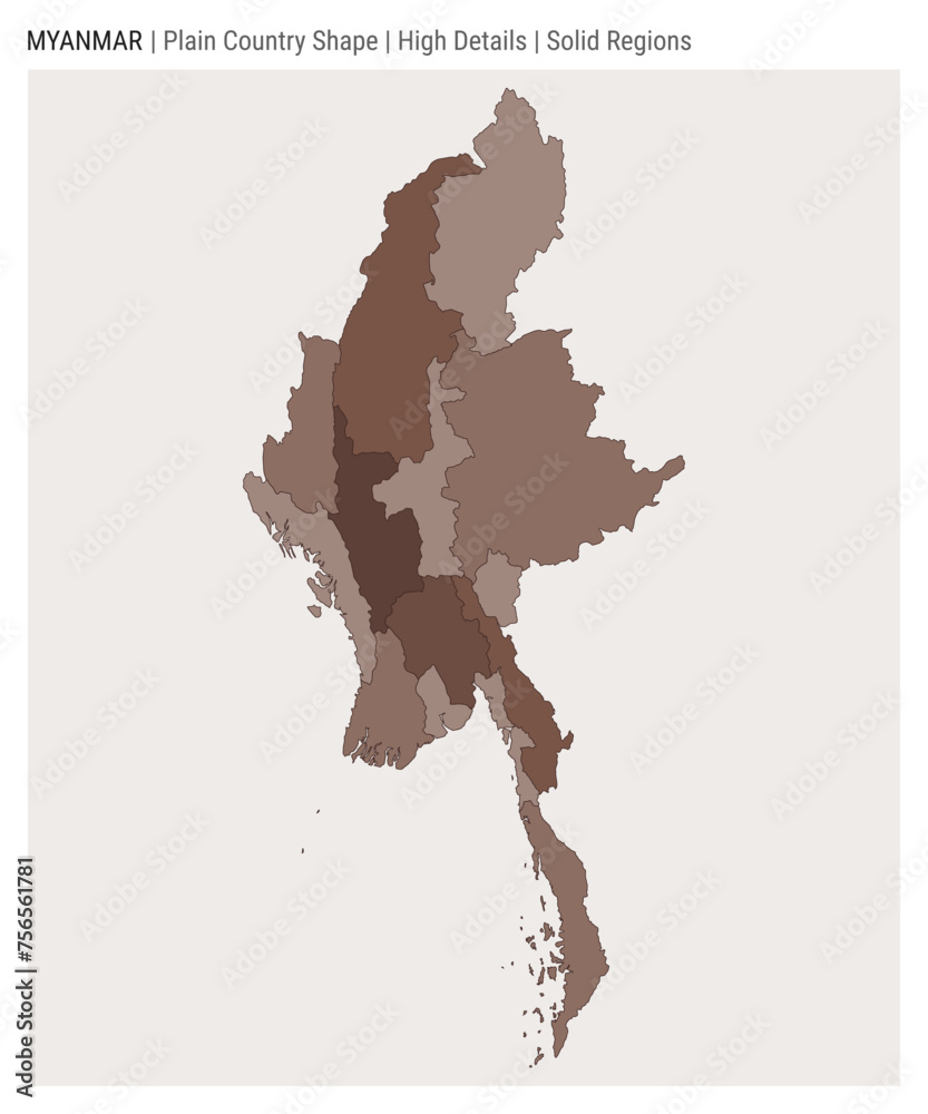 Myanmar plain country map. High Details. Solid Regions style. Shape of Myanmar. Vector illustration.