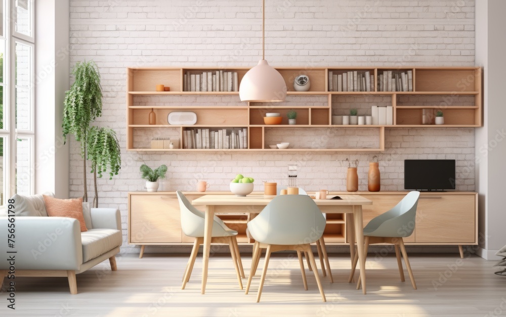 A modern living room with a white brick wall and a white couch. The room has a wooden dining table with four chairs and a potted plant. There are many books on the shelves