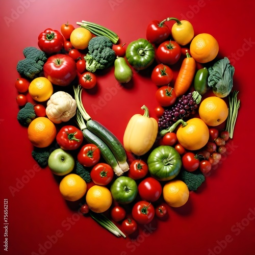 Various fruits and vegetables arranged in the shape of a heart on a red background