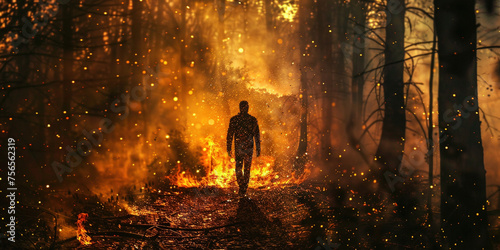Forest burnt by fire with charred burnt trees and silhouette of man in woods. Climate change and environment natural disaster caused by people. Fire flames arson damaged ecology wildfire danger. photo