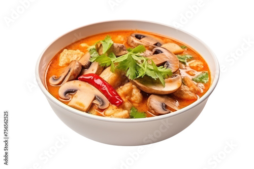 Protein tom yam soup with mushrooms, served in a bowl, sour, spicy, isolated on a transparent background. photo