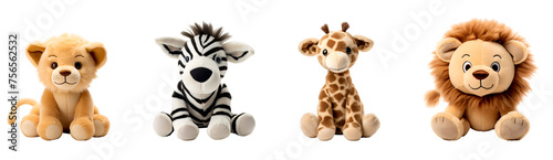 Savannah’s Baby Lion, Lion Zebra and Giraffe Stuffed Animal Toy Set in Cute Cartoon 3D Illustration, Isolated on Transparent Background, PNG photo