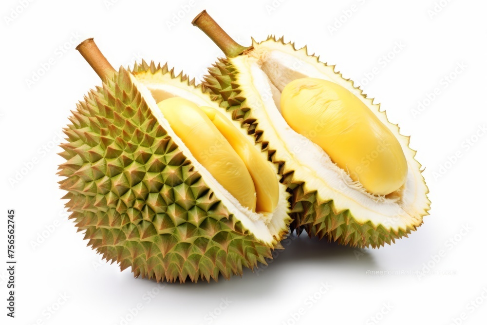 Fototapeta premium Durian fruit on a white background. a tropical, fragrant fruit with a flesh similar to custard.