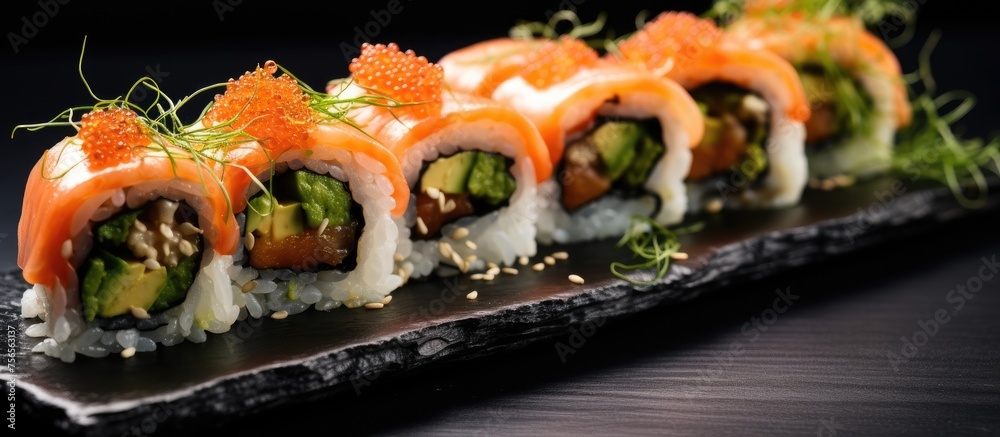 A row of sushi rolls with various ingredients displayed on a black plate, showcasing the art of Japanese cuisine and the beauty of food presentation A row of sushi rolls with various ingredients displayed on a black plate, showcasing the art of Japanese cuisine and the beauty of food presentation