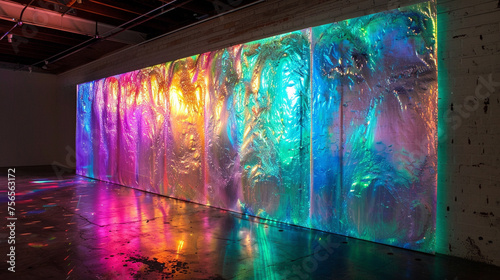 Modern holographic epoxy wall casting a spectrum of vibrant colors