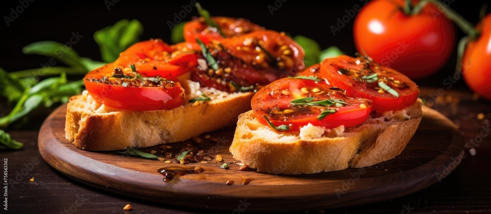A wooden cutting board featuring slices of bread and plum tomatoes, essential ingredients for a delicious finger food recipe