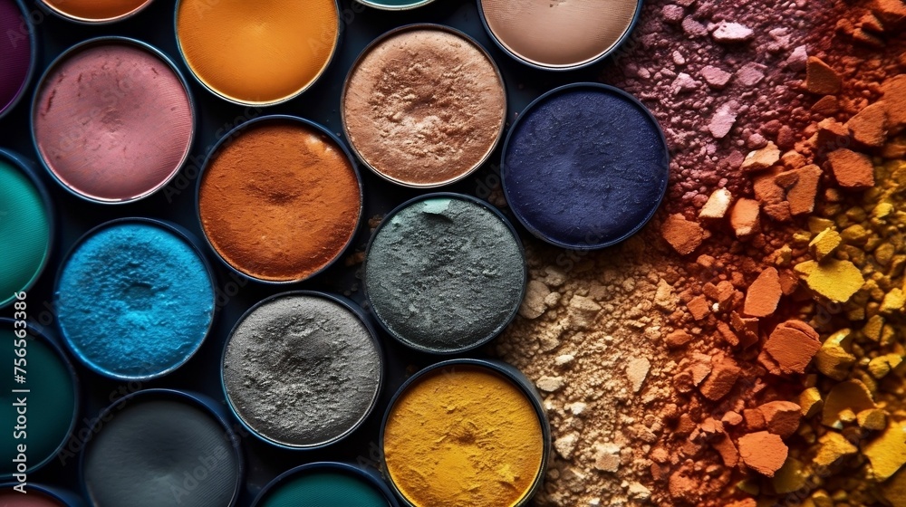 Colorful makeup pigments arranged in a circle on black background
Colorful makeup pigments arranged in a circle on black background